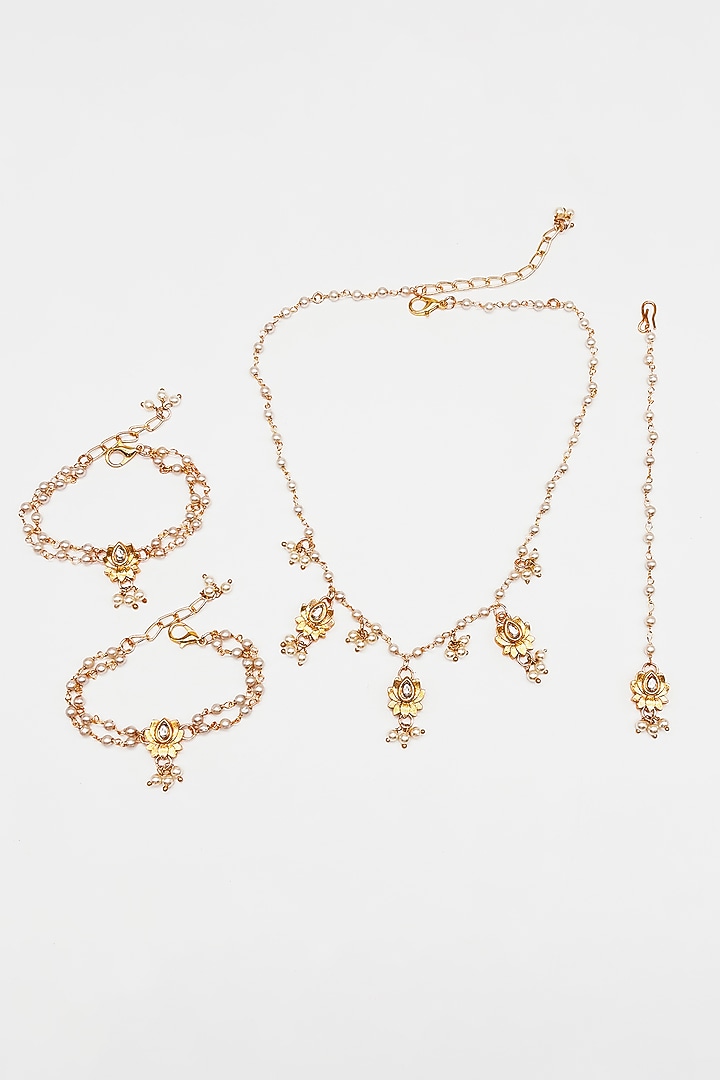 Gold Finish Kundan Polki & Pearl Lotus Necklace Set by Lime by Manika at Pernia's Pop Up Shop