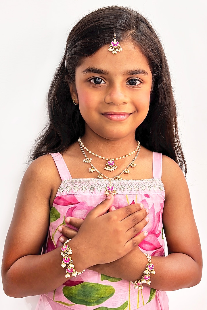 Gold Finish Kundan Polki & Pearl Enameled Layered Necklace Set by Lime by Manika at Pernia's Pop Up Shop