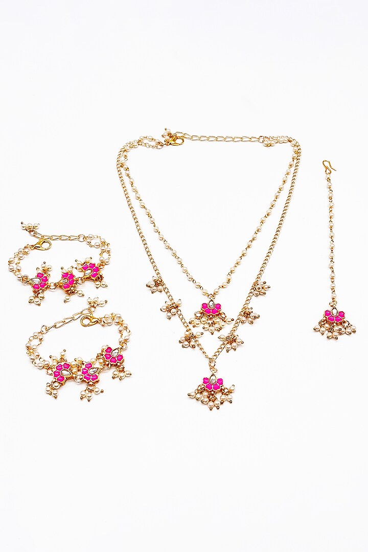 Gold Finish Kundan Polki & Pearl Enameled Layered Necklace Set by Lime by Manika at Pernia's Pop Up Shop