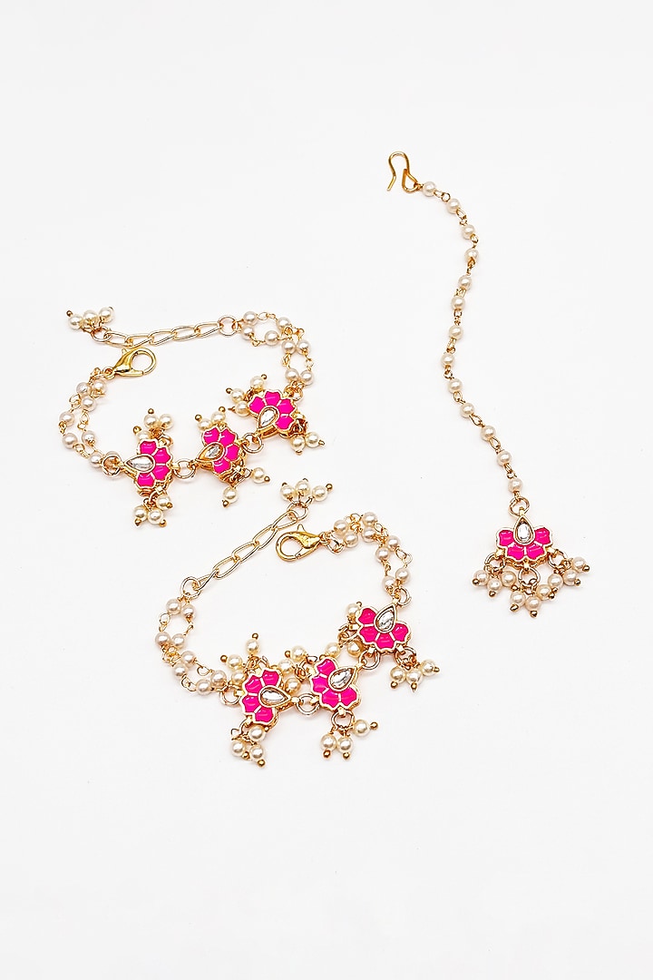 Gold Finish Kundan Polki & Pearl Enameled Layered Necklace Set by Lime by Manika at Pernia's Pop Up Shop