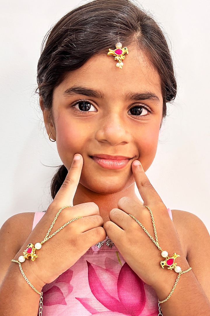 Gold Finish Kundan Polki & Pearl Maangtikka by Lime by Manika at Pernia's Pop Up Shop