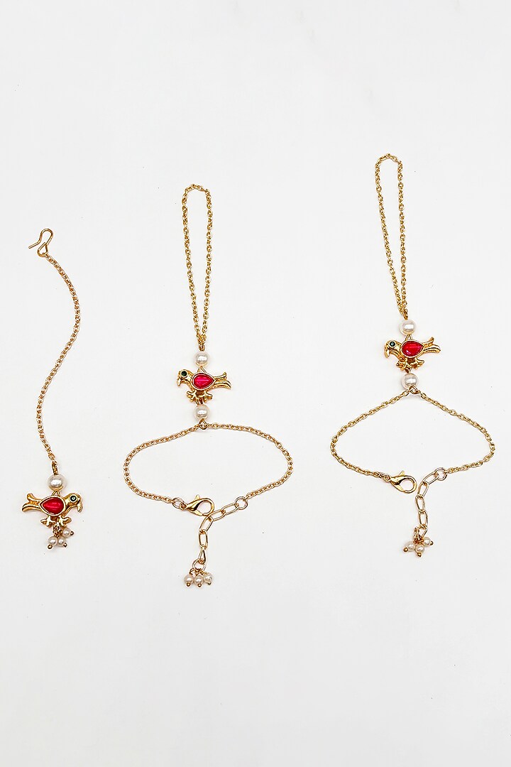 Gold Finish Kundan Polki & Pearl Maangtikka by Lime by Manika at Pernia's Pop Up Shop