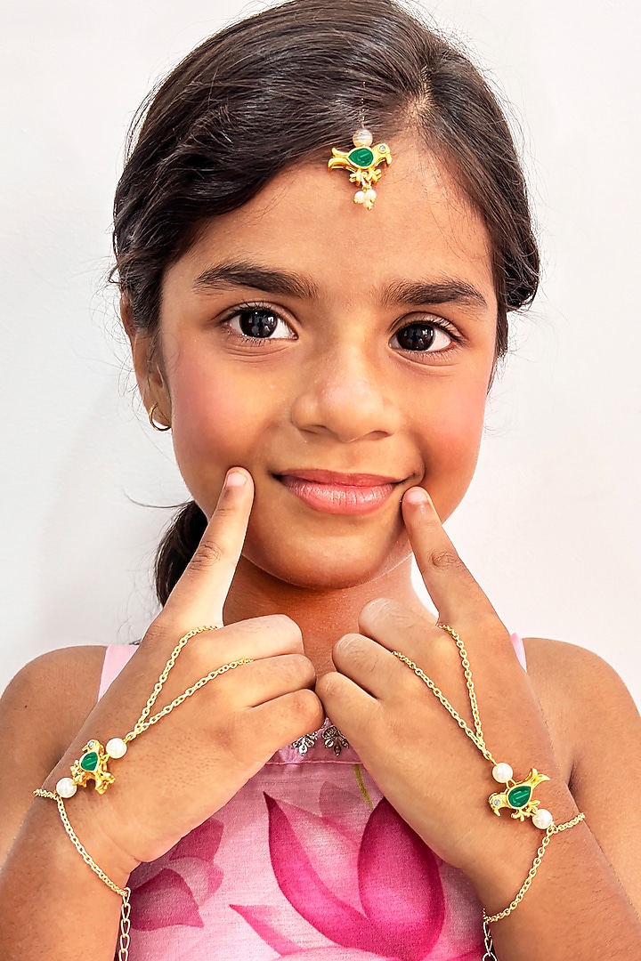 Gold Finish Pearl Floral Maangtikka by Lime by Manika at Pernia's Pop Up Shop