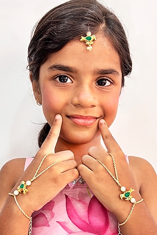 Gold Finish Pearl Floral Maangtikka by Lime by Manika