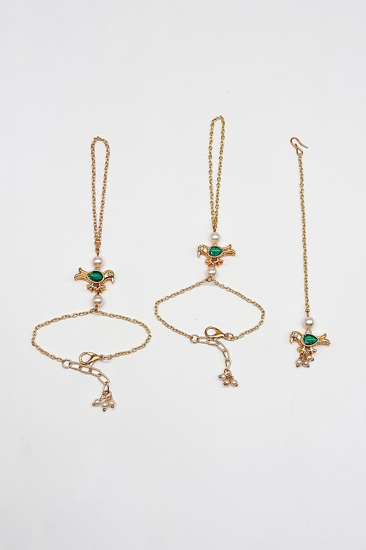 Gold Finish Pearl Floral Maangtikka by Lime by Manika at Pernia's Pop Up Shop