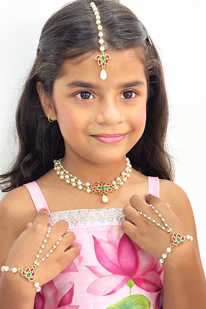Gold Finish Kundan Polki & Pearl Choker Necklace Set by Lime by Manika at Pernia's Pop Up Shop