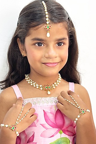 Gold Finish Kundan Polki & Pearl Choker Necklace Set by Lime by Manika