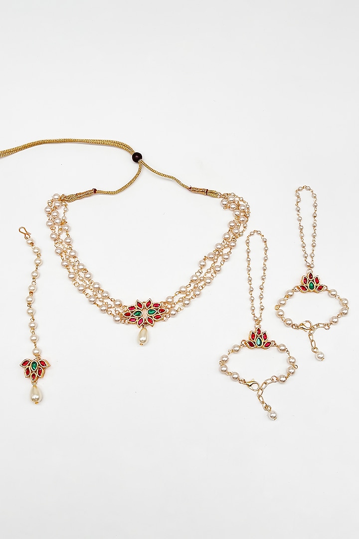 Gold Finish Kundan Polki & Pearl Choker Necklace Set by Lime by Manika at Pernia's Pop Up Shop