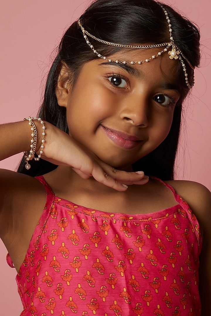 Gold Pearl Mathapatti With Bracelet For Girls by Lime by Manika