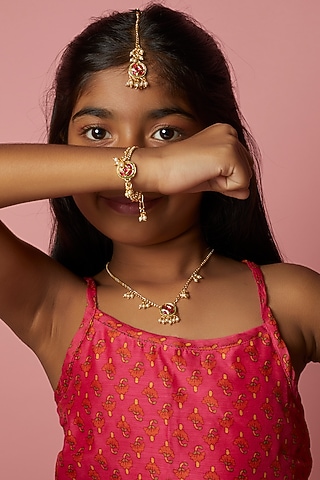Gold Kundan Necklace Set For Girls by Lime by Manika
