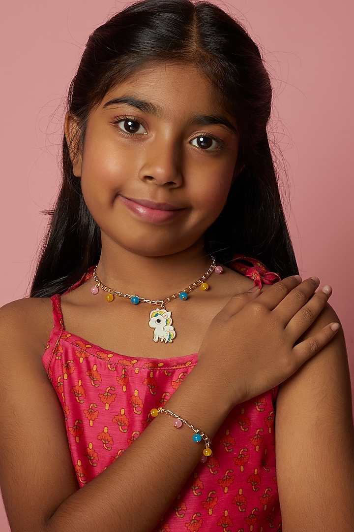 Multi-Colored Enamel Charm Necklace Set For Girls by Lime by Manika
