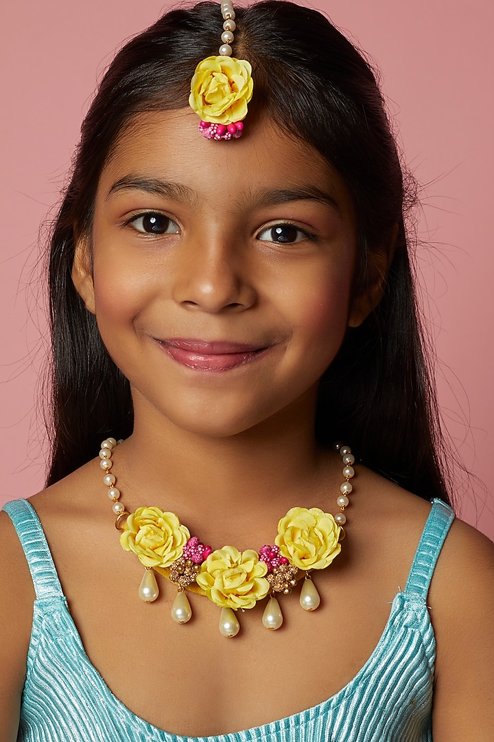 Yellow Floral Necklace Set For Girls by Lime by Manika