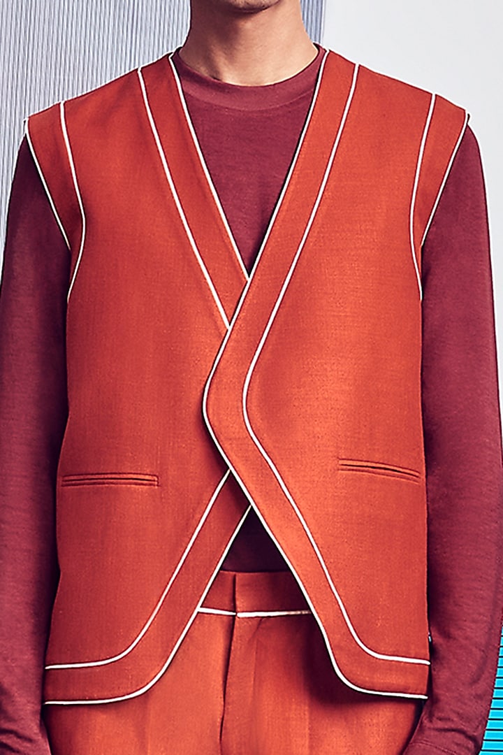 Rust-Red Structured Waistcoat by Line Outline at Pernia's Pop Up Shop