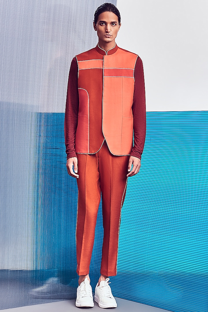Rust-Red Paneled Bundi Jacket by Line Outline at Pernia's Pop Up Shop