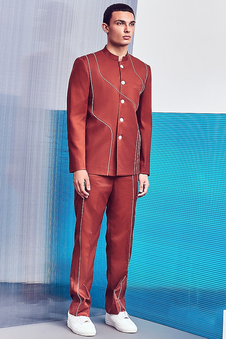 Rust-Red Paneled Bandhgala Jacket by Line Outline