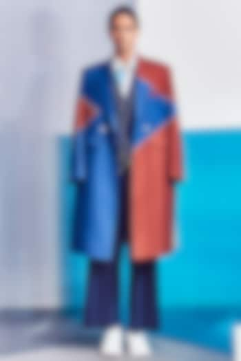 Cobalt Blue & Rust-Red Double-Breasted Trenchcoat by Line Outline at Pernia's Pop Up Shop