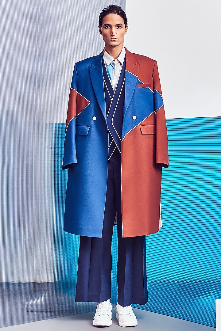 Cobalt Blue & Rust-Red Double-Breasted Trenchcoat by Line Outline at Pernia's Pop Up Shop