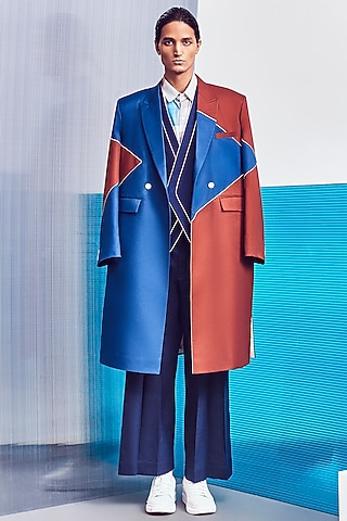 Cobalt Blue & Rust-Red Double-Breasted Trenchcoat by Line Outline