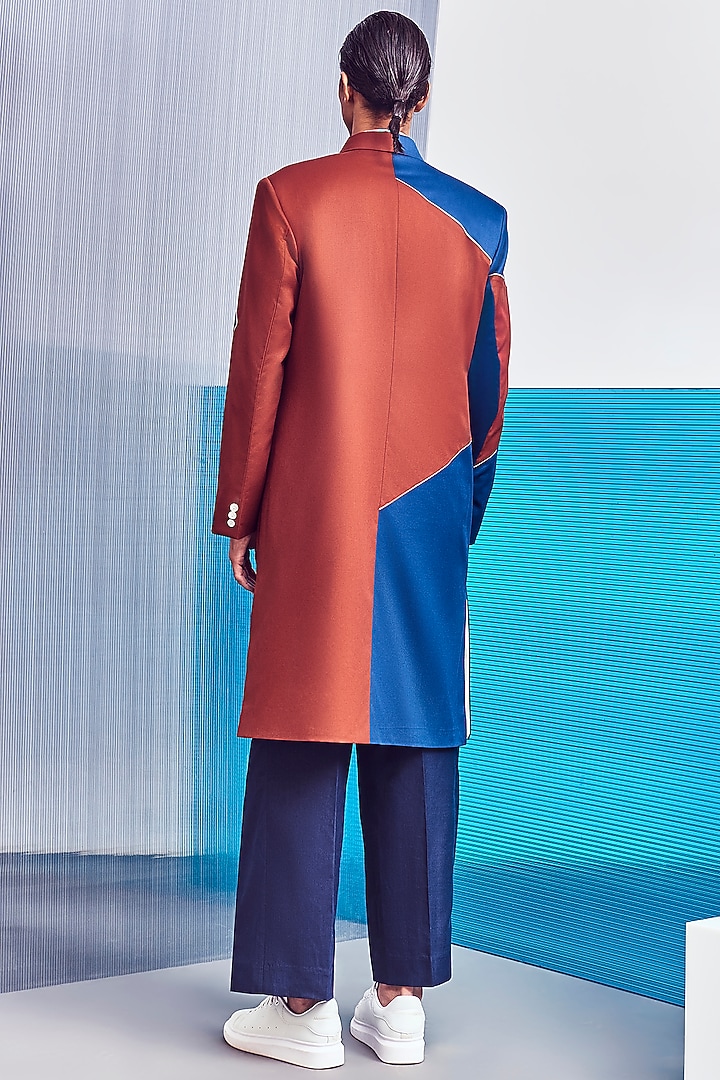 Cobalt Blue & Rust-Red Double-Breasted Trenchcoat by Line Outline at Pernia's Pop Up Shop