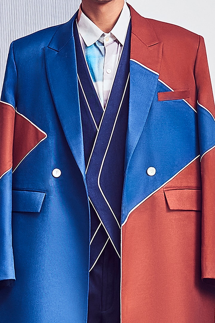 Cobalt Blue & Rust-Red Double-Breasted Trenchcoat by Line Outline at Pernia's Pop Up Shop