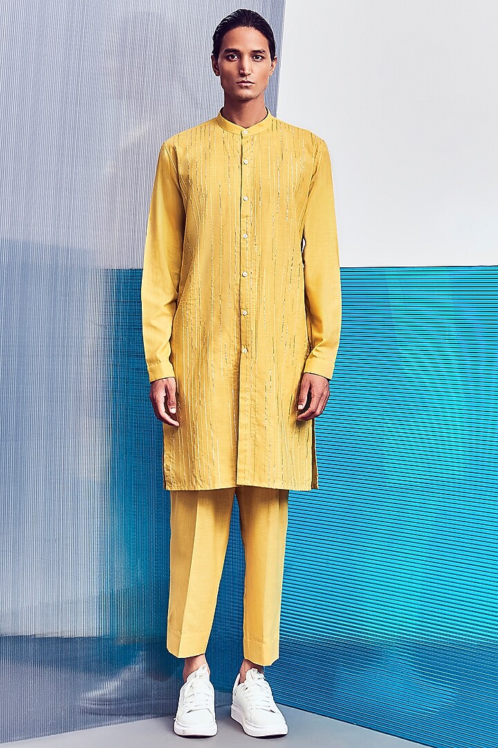 Citrus Yellow Hand Embroidered Kurta by Line Outline at Pernia's Pop Up Shop