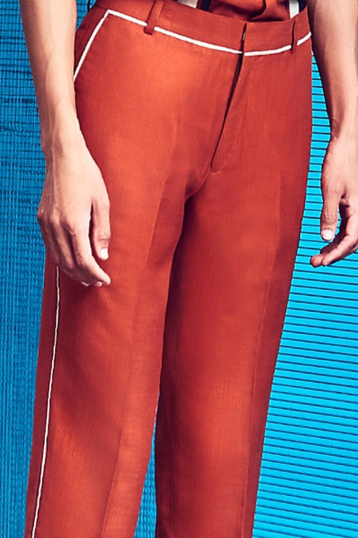 Rust-Red Cotton Poly Blend Pants by Line Outline at Pernia's Pop Up Shop