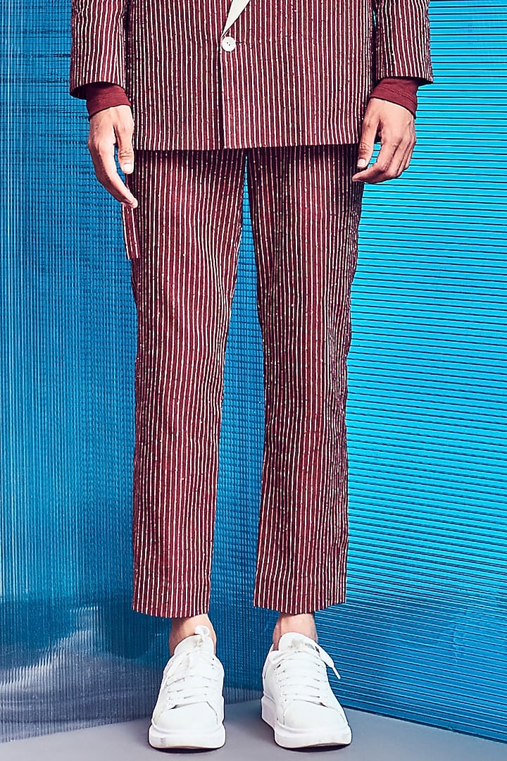 Rust-Brown Cotton Poly Blend Slim Pants by Line Outline at Pernia's Pop Up Shop