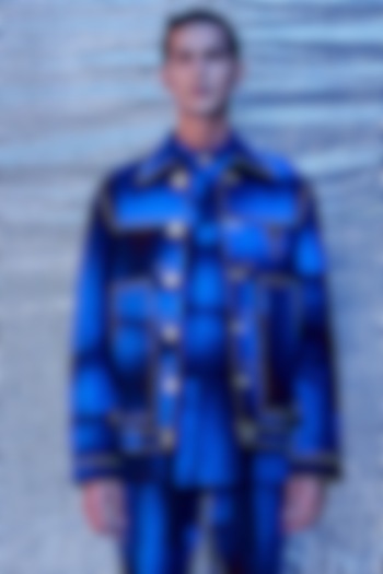 Blue Cotton Printed Bomber Jacket by Line Outline at Pernia's Pop Up Shop