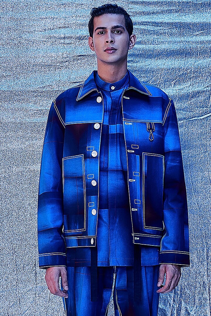 Blue Cotton Printed Bomber Jacket by Line Outline at Pernia's Pop Up Shop