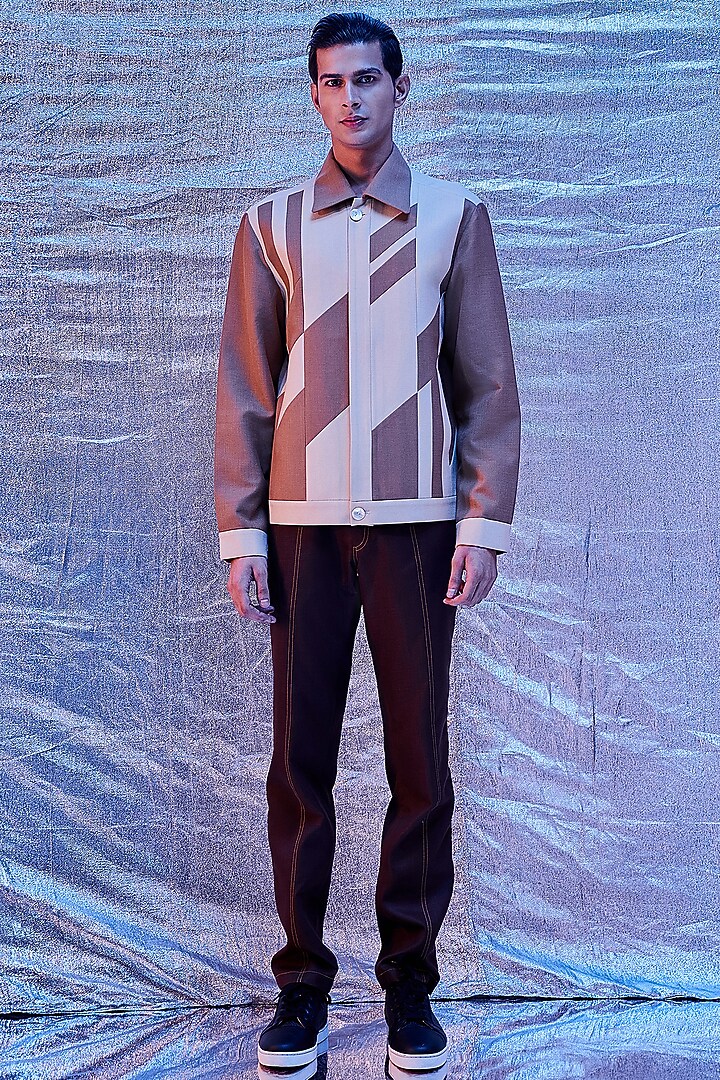 Beige Cotton Bomber Jacket by Line Outline at Pernia's Pop Up Shop
