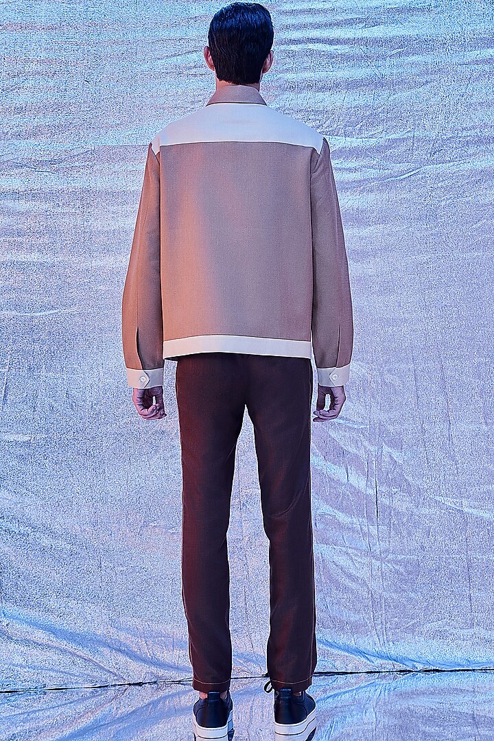 Beige Cotton Bomber Jacket by Line Outline at Pernia's Pop Up Shop