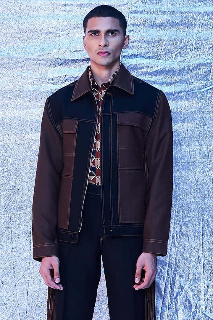 Black & Brown Cotton Bomber Jacket by Line Outline