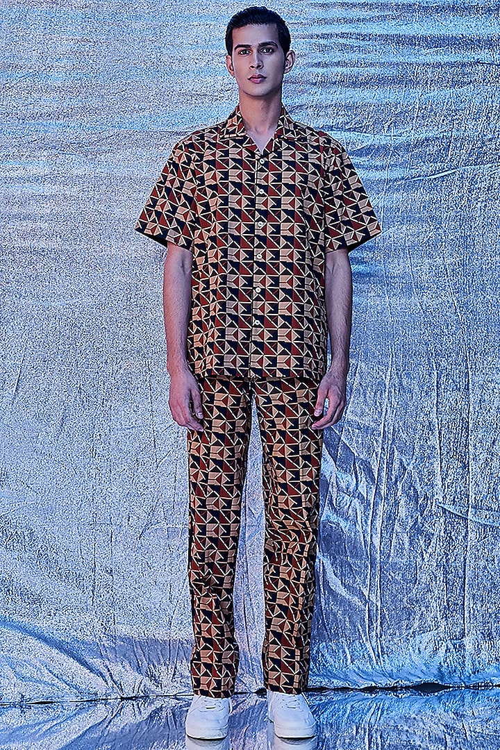 Brown Cotton Poplin Printed Pyjama Pants by Line Outline