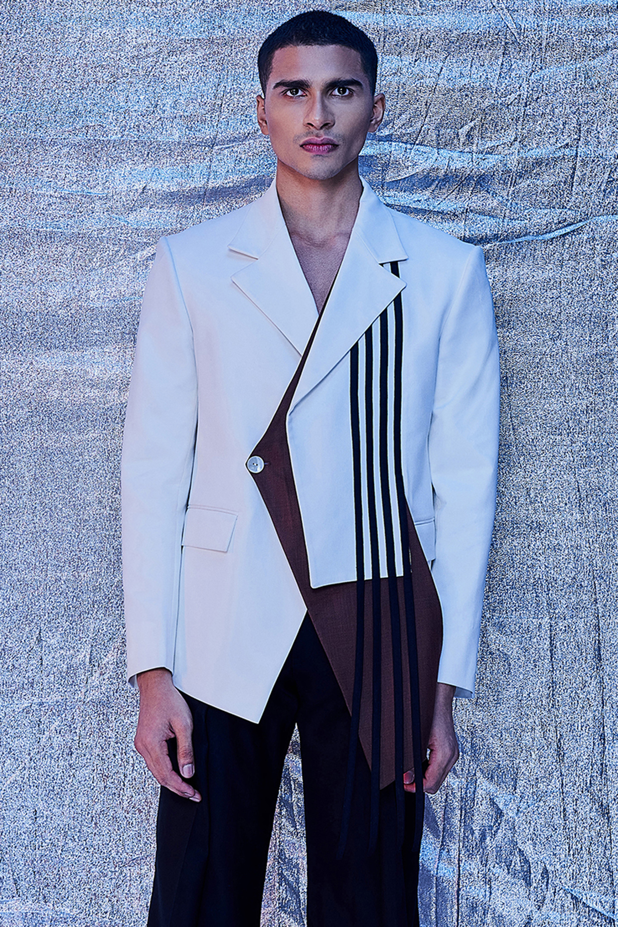 White Cotton Layered Asymmetric Blazer by Line Outline at Pernia's Pop Up Shop