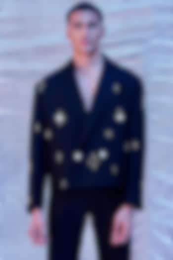 Black Cotton Embroidered Cropped Blazer by Line Outline at Pernia's Pop Up Shop