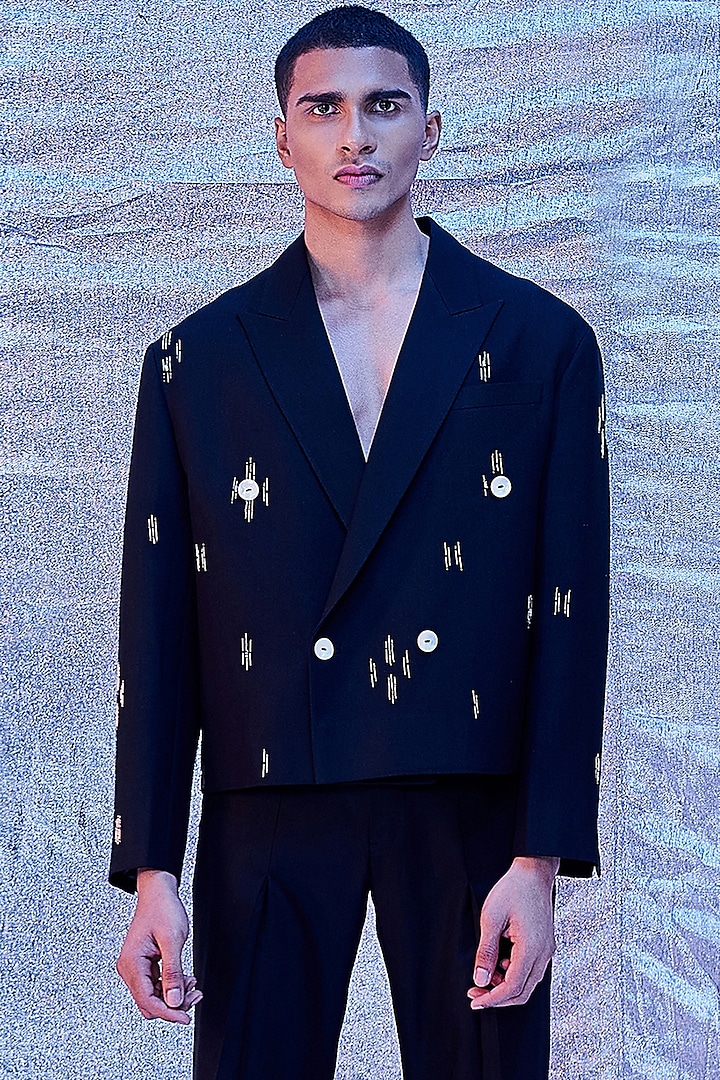 Black Cotton Embroidered Cropped Blazer by Line Outline at Pernia's Pop Up Shop