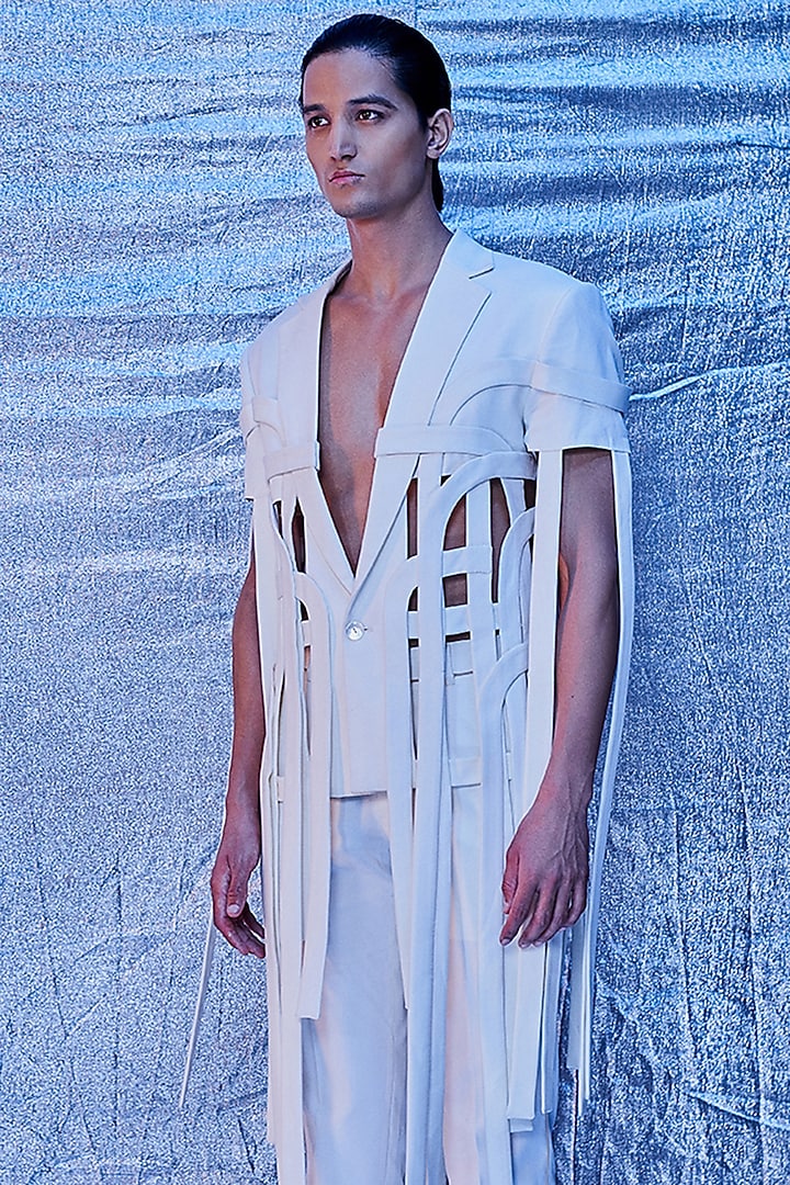 White Cotton Patchwork Trench Coat by Line Outline at Pernia's Pop Up Shop