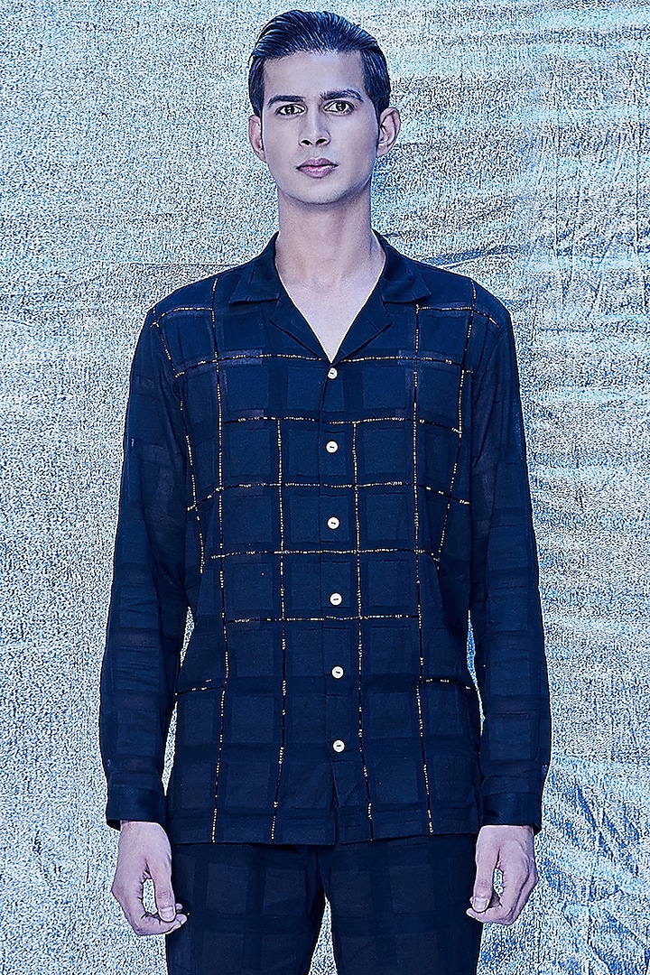 Black Jacquard Cotton Embroidered Resort Shirt by Line Outline at Pernia's Pop Up Shop