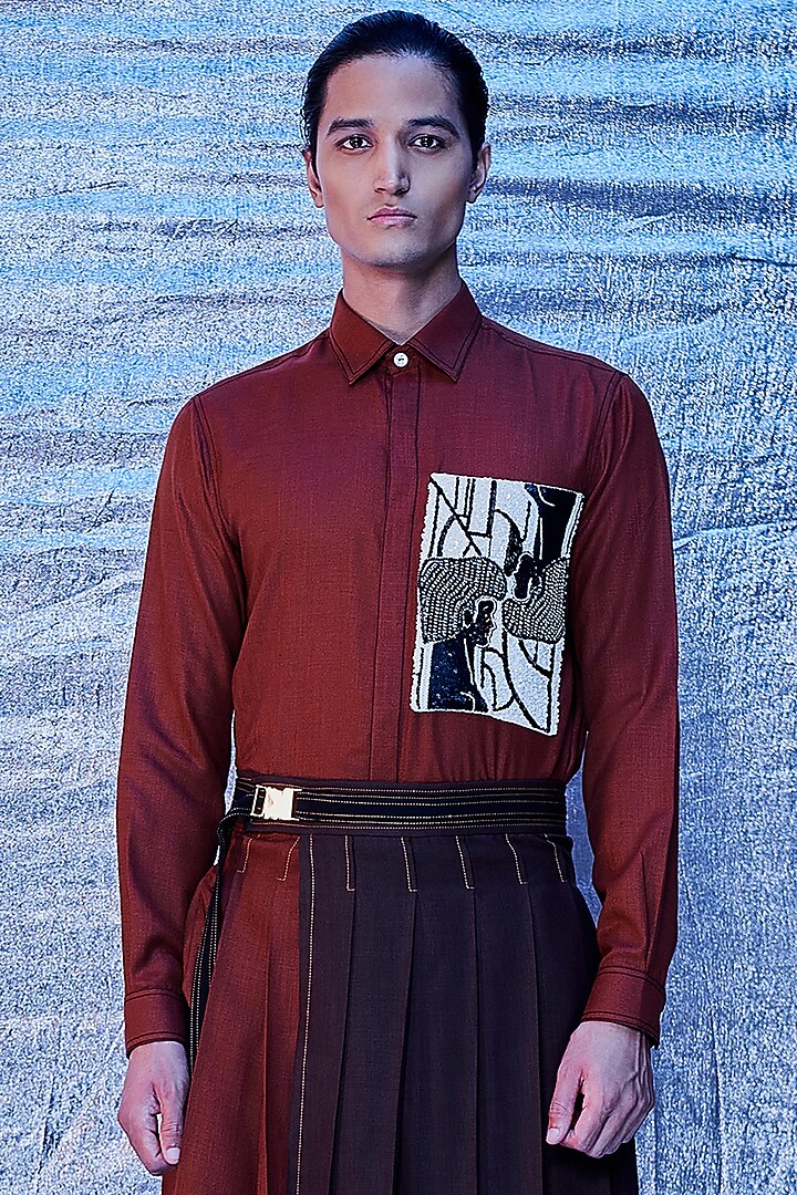 Rust Cotton Embroidered Party Wear Shirt by Line Outline at Pernia's Pop Up Shop