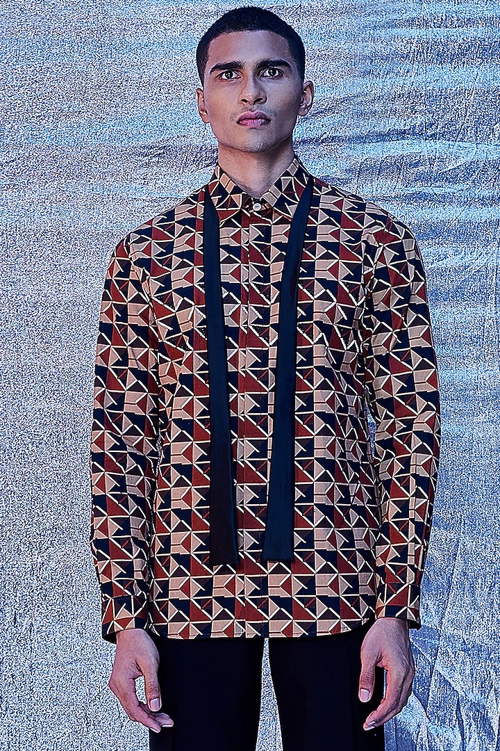 Brown Cotton Poplin Printed Party Wear Shirt by Line Outline at Pernia's Pop Up Shop