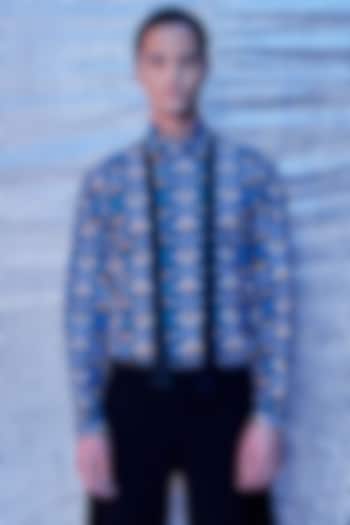 Blue Cotton Poplin Printed Party Wear Shirt by Line Outline at Pernia's Pop Up Shop