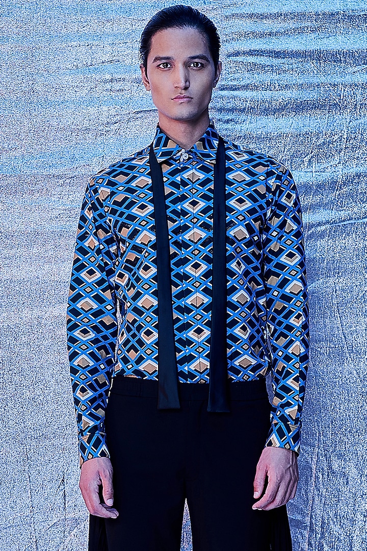 Blue Cotton Poplin Printed Party Wear Shirt by Line Outline at Pernia's Pop Up Shop