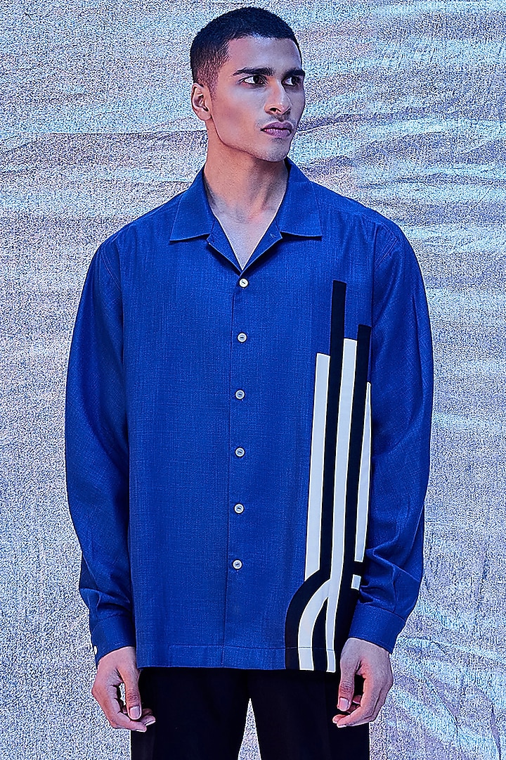 Melange Blue Cotton Shirt by Line Outline at Pernia's Pop Up Shop