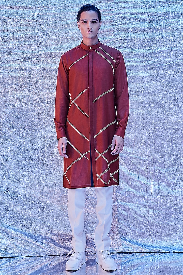 Rust Cotton Embroidered Kurta Set by Line Outline