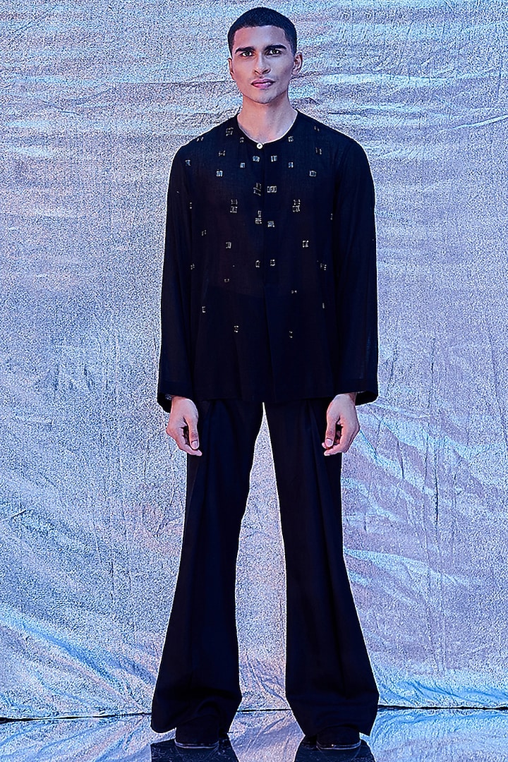 Black Cotton Embroidered Party Wear Shirt by Line Outline at Pernia's Pop Up Shop