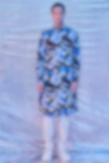 Blue Cotton Satin Embroidered Kurta by Line Outline at Pernia's Pop Up Shop