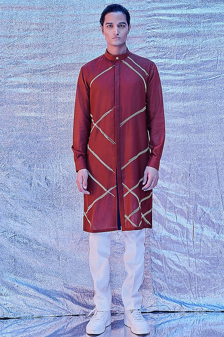 Rust Cotton Embroidered Kurta by Line Outline at Pernia's Pop Up Shop