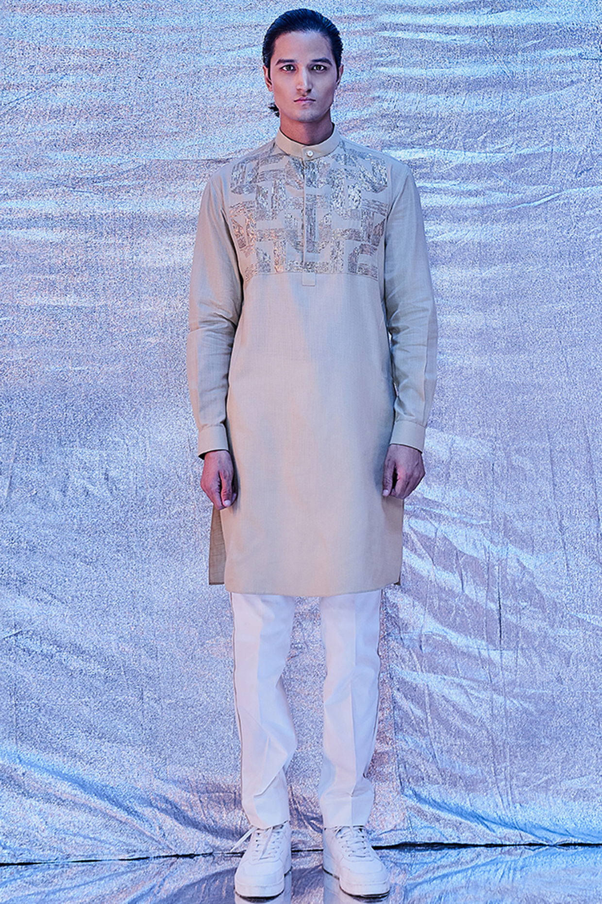 Beige Cotton Pitta Embroidered Kurta by Line Outline at Pernia's Pop Up Shop