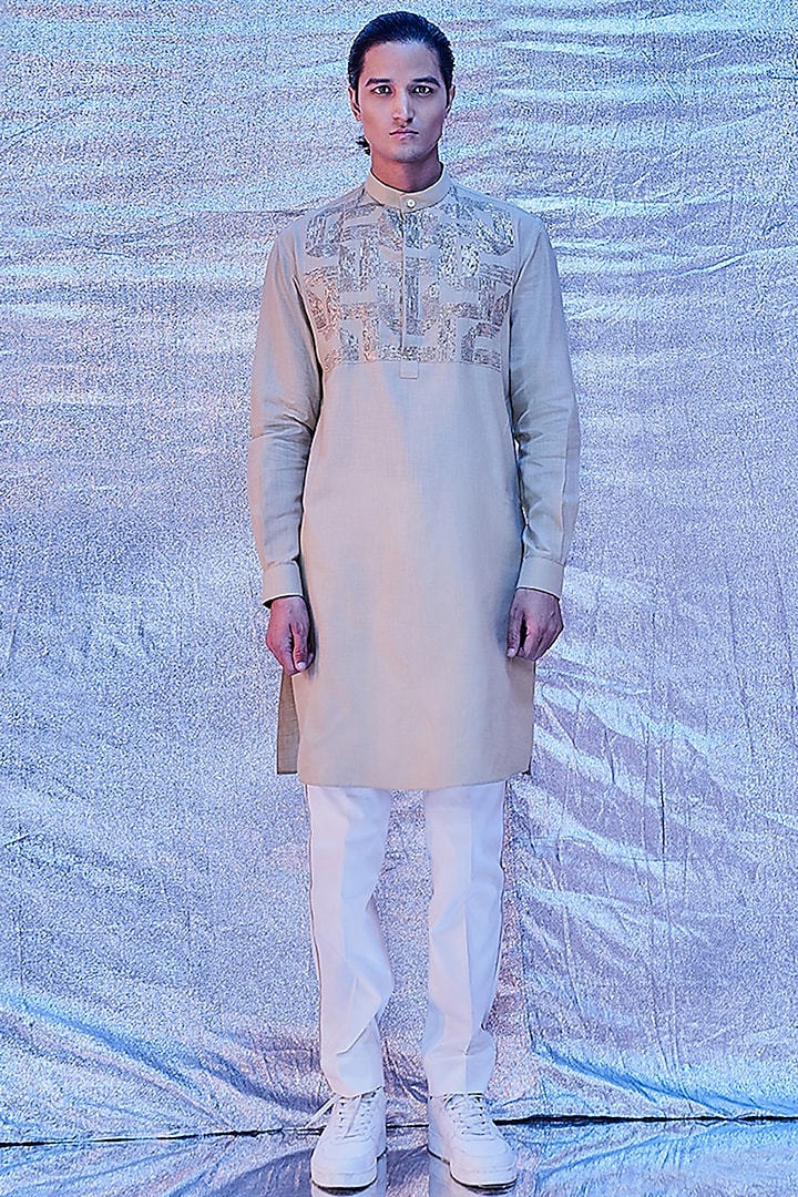 Beige Cotton Pitta Embroidered Kurta by Line Outline at Pernia's Pop Up Shop