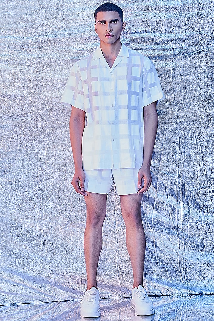 White Jacquard Cotton Shorts by Line Outline